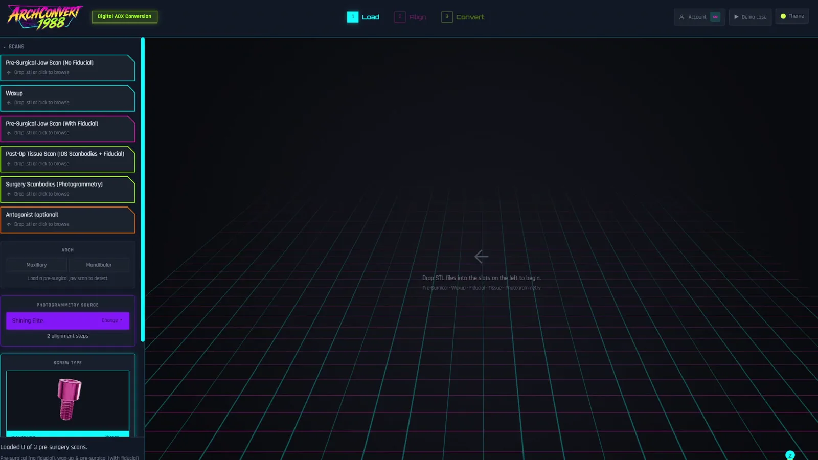 Load step: six scan slots and the photogrammetry source selector